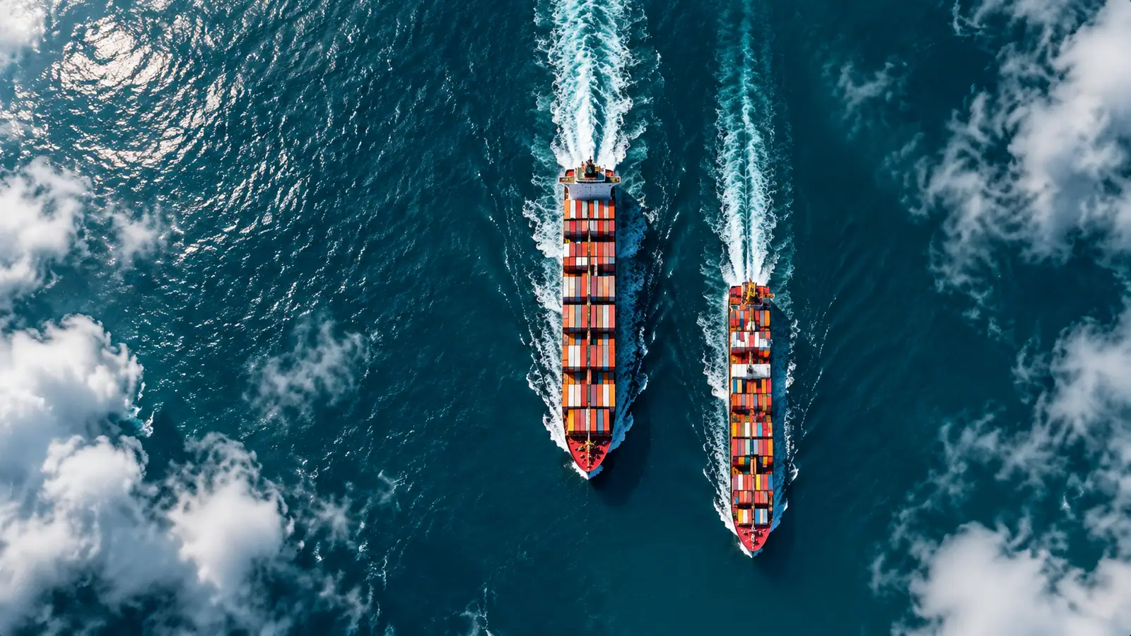 Two loaded container ships sailing side by side across the open sea, seen from above
